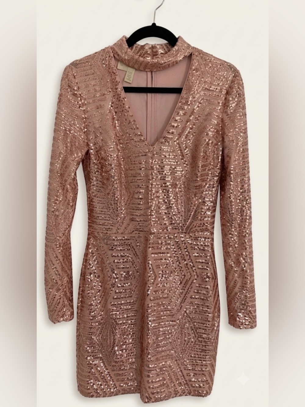 Rose Gold Sequin Baby Pink Long Sleeve Choker Collar Party Dress